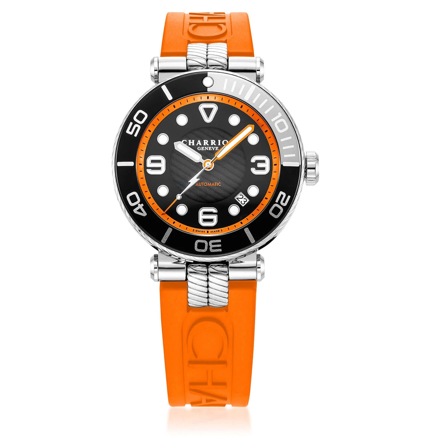 NAVIGATOR SURF, 41MM, AUTOMATIC CALIBRE, BLACK LUMINOVA DIAL, BLACK AND SILVER BEZEL, ORANGE RUBBER INTERCHANGEABLE BRACELET - © 2024 Charriol -  Watch