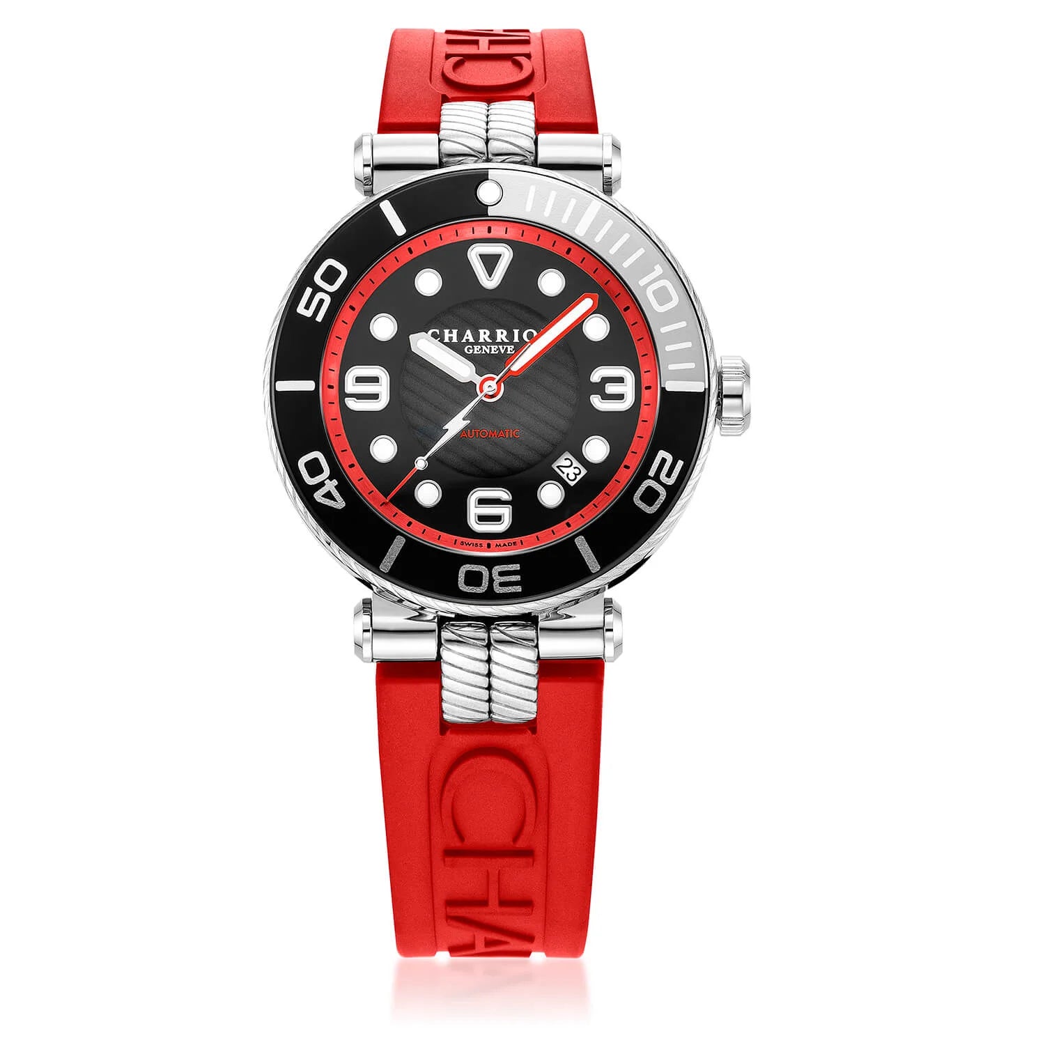 NAVIGATOR SURF, 41MM, AUTOMATIC CALIBRE, BLACK LUMINOVA DIAL, BLACK AND SILVER BEZEL, RED RUBBER INTERCHANGEABLE BRACELET - © 2024 Charriol -  Watch