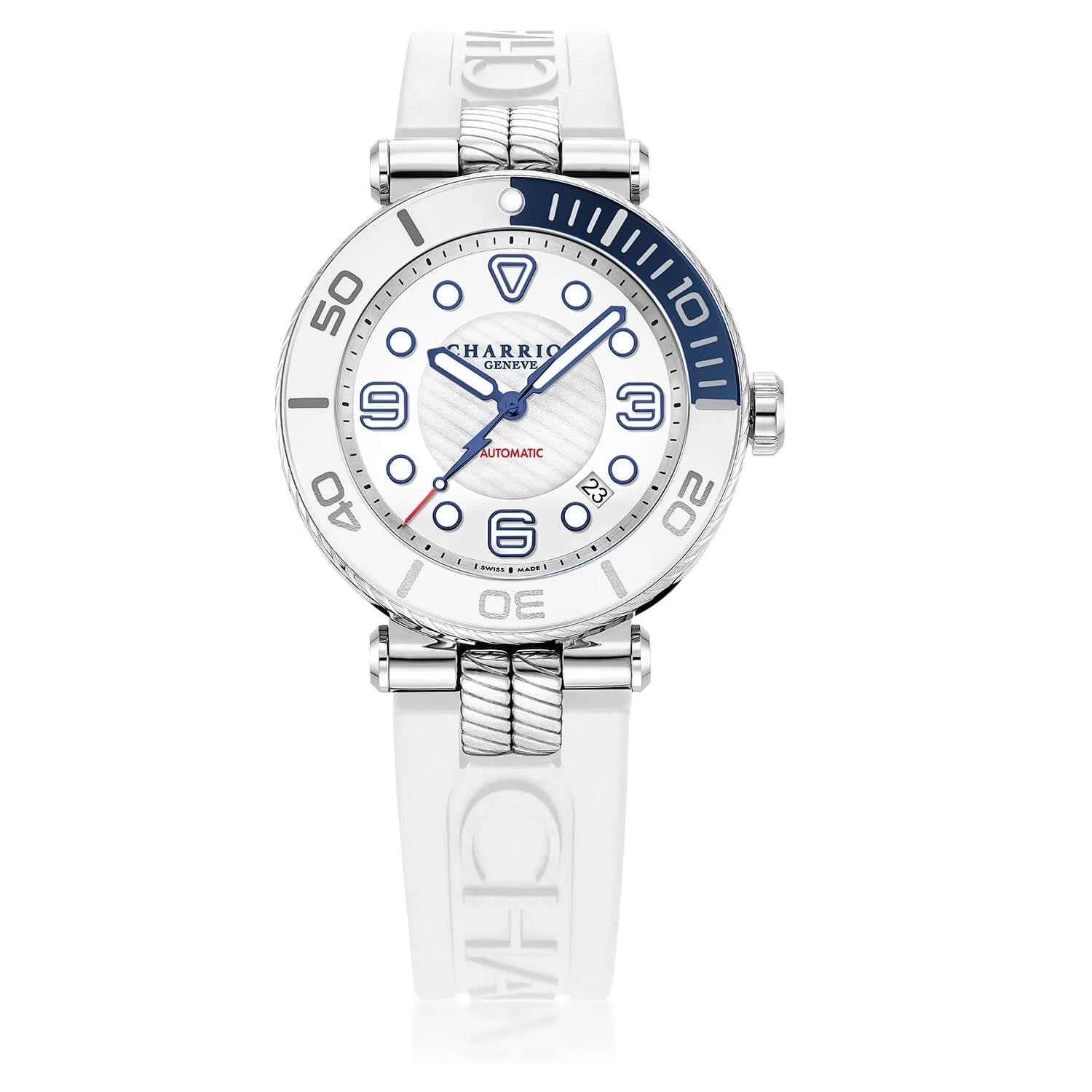 NAVIGATOR SURF, 41MM, AUTOMATIC CALIBRE, WHITE LUMINOVA DIAL, BLUE AND WHITE BEZEL, WHITE RUBBER INTERCHANGEABLE BRACELET - © 2024 Charriol -  Watch