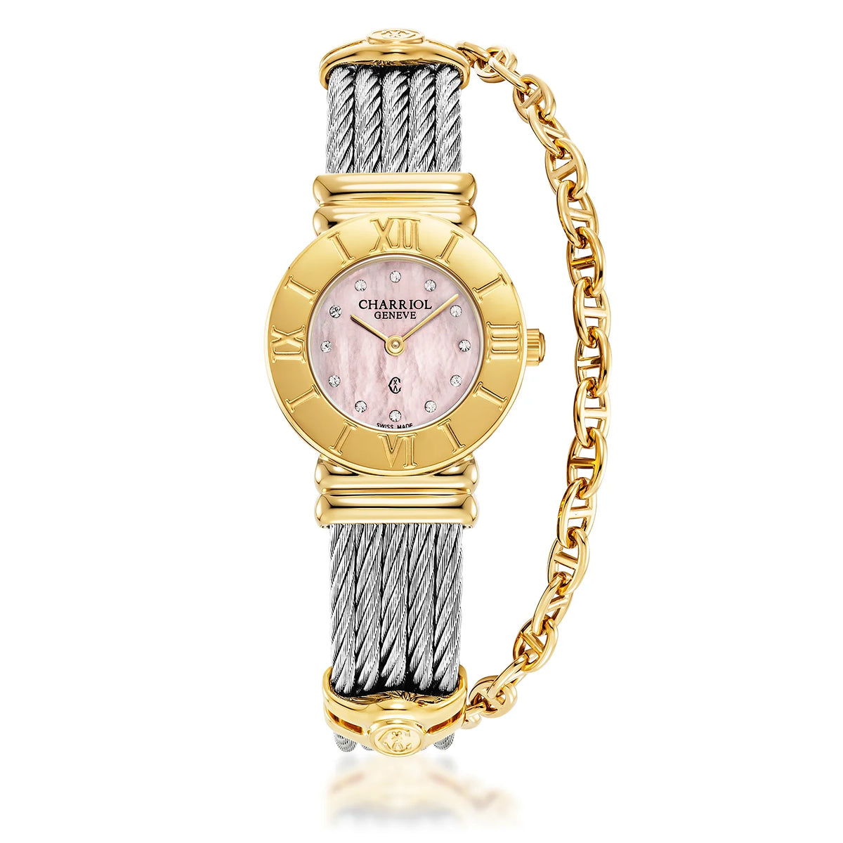 Elegant collection of Swiss Made watches ST TROPEZ ICON 24.5MM QUARTZ CALIBRE ROSE MOTHER OF PEARL WITH 12 DIAMONDS DIAL STEEL YELLOW GOLD PVD ROMAN BEZEL STEEL CABLE BRA Charriol