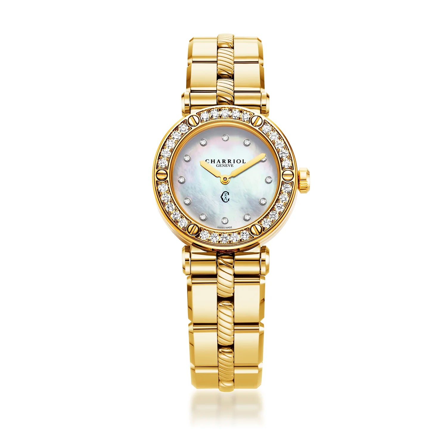 NAVIGATOR CRUISE, 28MM, QUARTZ CALIBRE, MOTHER-OF-PEARL WITH 10 DIAMONDS DIAL, 30 DIAMONDS BEZEL, STEEL YELLOW GOLD PVD INTERCHANGEABLE BRACELET - Charriol Geneve -  Watch