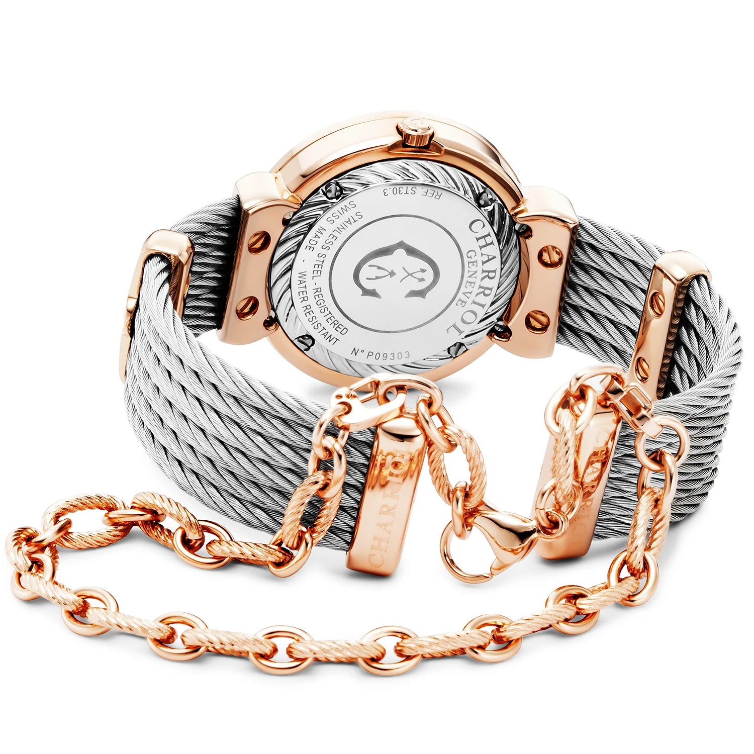 ST TROPEZ ICON, 30MM, QUARTZ CALIBRE, MOTHER-OF-PEARL HEART DIAL, MOTHER-OF-PEARL WITH 8 DIAMONDS BEZEL, STEEL CABLE BRACELET - Charriol Geneve -  Watch