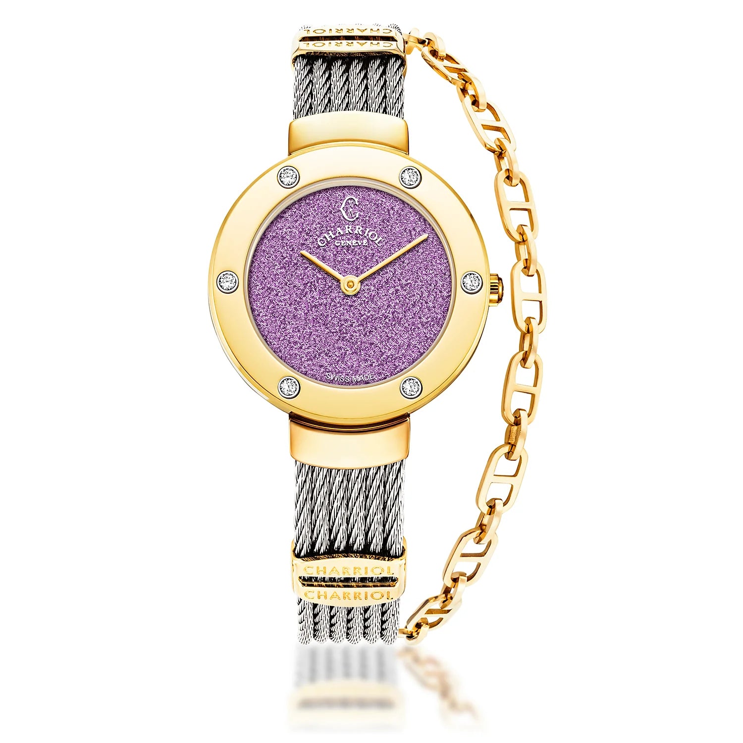 Elegant collection of Swiss Made watches ST TROPEZ GLITTERS 30MM PURPLE GLITTER DIAL YELLOW GOLD PVD WITH 6 DIAMONDS BEZEL STEEL CABLE BRACELET YELLOW GOLD PVD DECORS Charriol