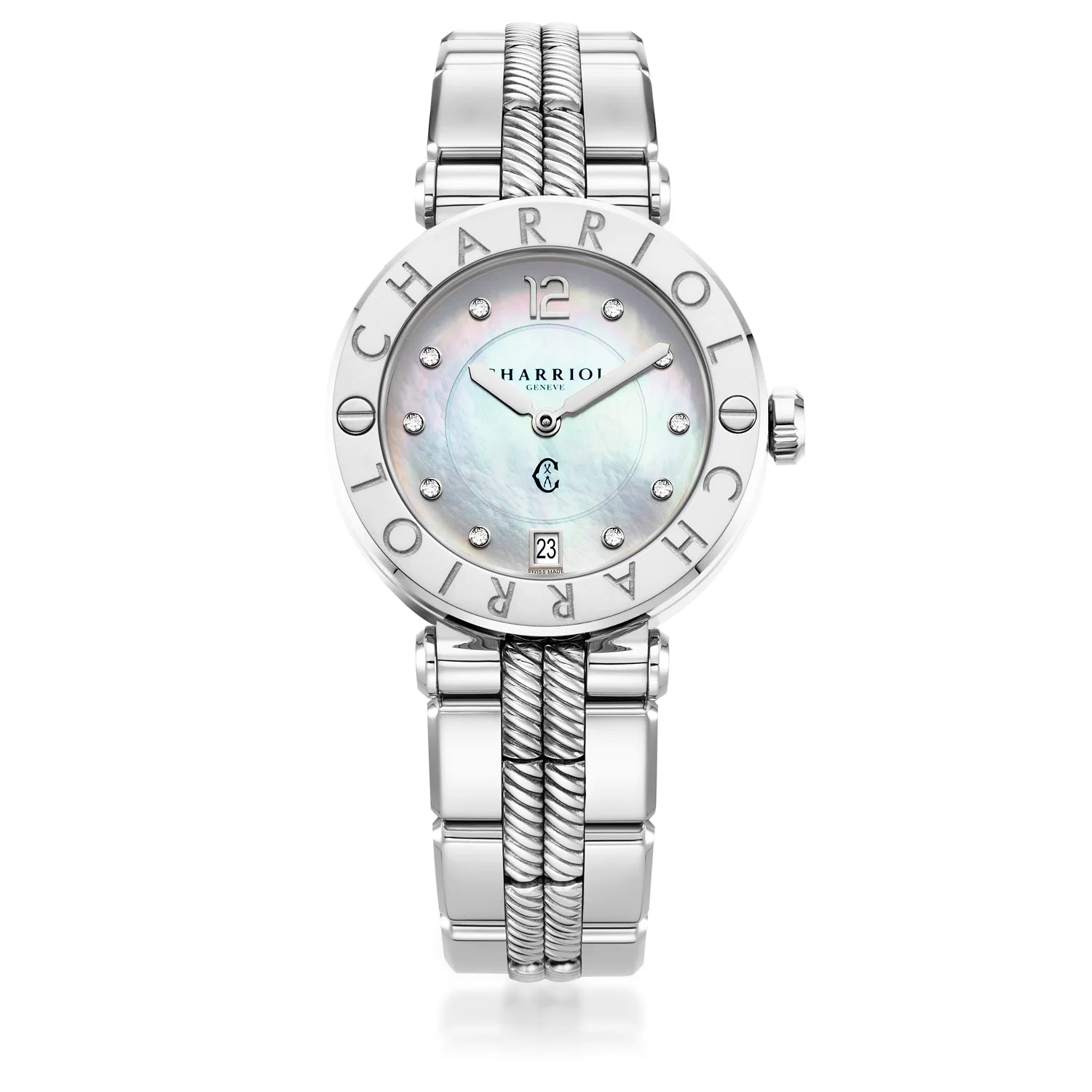 NAVIGATOR CRUISE, 36MM, QUARTZ CALIBRE, MOTHER-OF-PEARL WITH 10 DIAMONDS DIAL, "CHARRIOL CHARRIOL" BEZEL, STEEL INTERNCHANGEABLE BRACELET - Charriol Geneve -  Watch