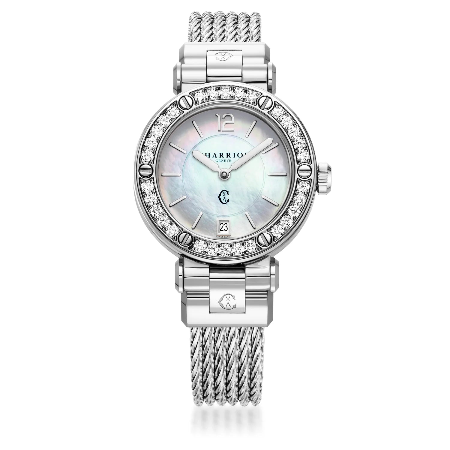 St Tropez Cruise 36mm Watch Light Grey Cable, 30 Diamonds Light Grey & 5 Screws Bezel and White MOP Dial - Charriol Geneve -  Watch