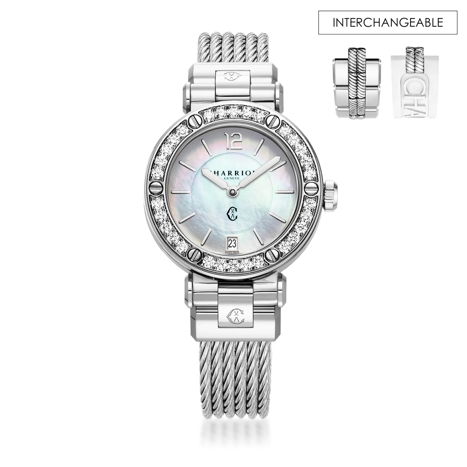 St Tropez Cruise 36mm Watch Light Grey Cable, 30 Diamonds Light Grey & 5 Screws Bezel and White MOP Dial - Charriol Geneve -  Watch