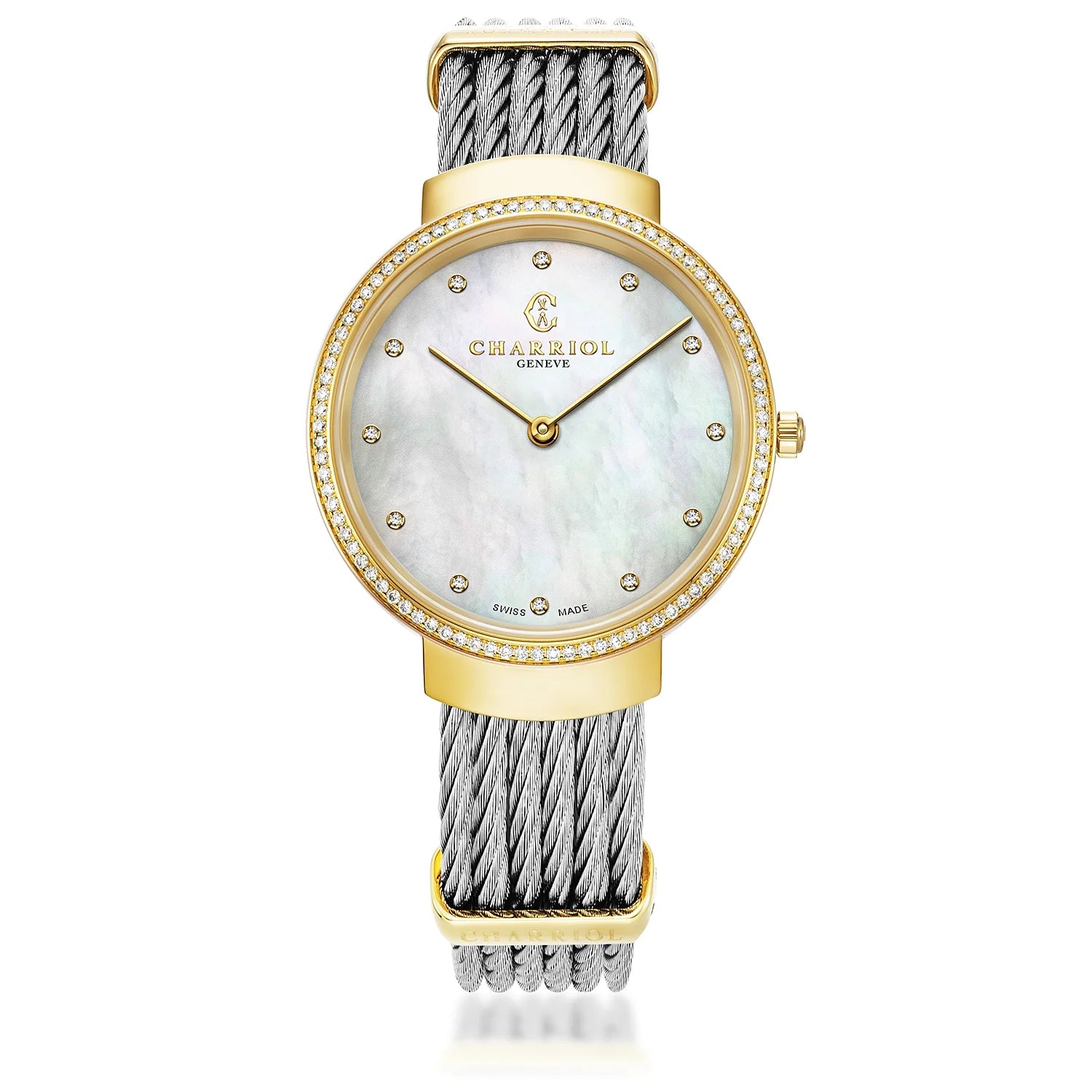 ST TROPEZ®, 34MM, QUARTZ CALIBRE, STEEL YELLOW GOLD PVD WITH 88 DIAMONDS BEZEL, WHITE MOP WITH 12 DIAMONDS, STEEL CABLE BRACELET - BLACK FRIDAY - ©2024 Philippe Charriol International Ltd. -  Watch