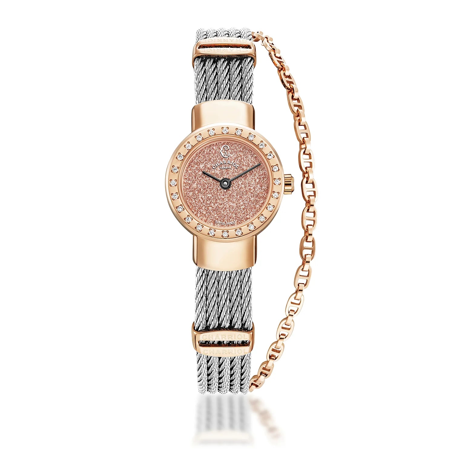 ST TROPEZ®, 20MM, QUARTZ CALIBRE, ROSE GOLD PVD WITH 24 DIAMONDS BEZEL, SALMON GLITTER DIAL, STEEL CABLE BRACELET - BLACK FRIDAY - ©2024 Philippe Charriol International Ltd. -  Watch